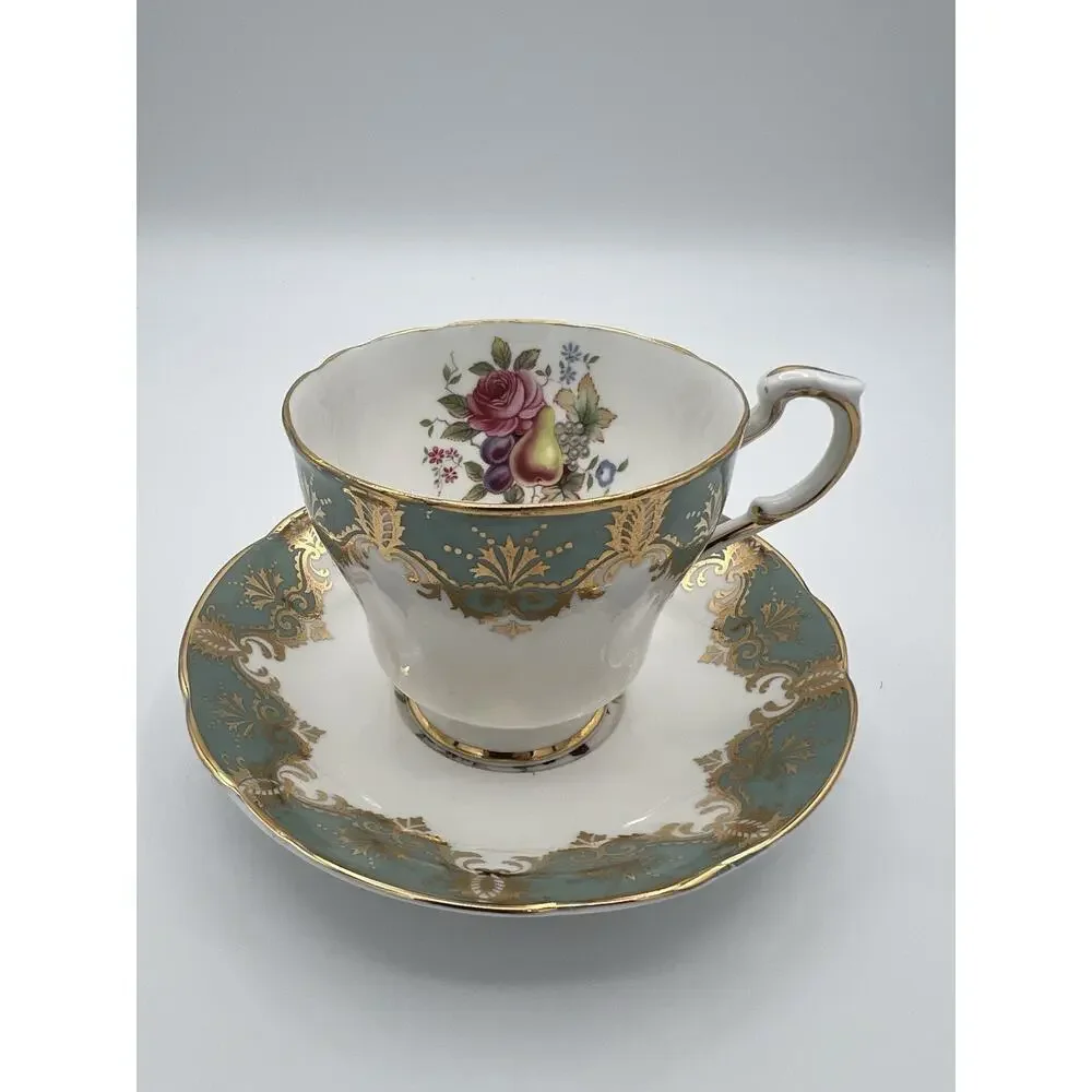 Vintage Paragon England Floral Rose‎ White Turquoise Tea Cup & Saucer Set